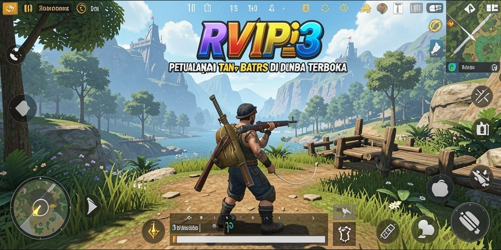 Screenshot gameplay RVIP3 menampilkan eksplorasi dunia terbuka yang luas.