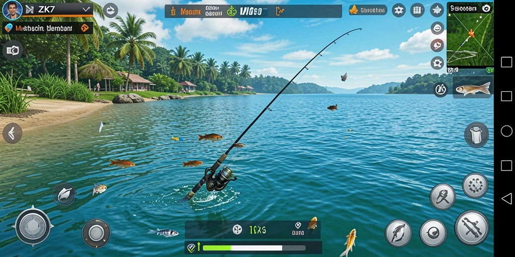 Gameplay ZK7 yang menampilkan aksi memancing seru dan mendebarkan.